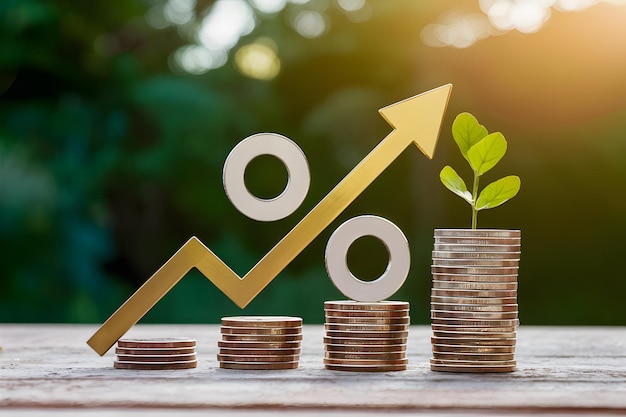 Interest rate concept percent sign with coins and graph arrow