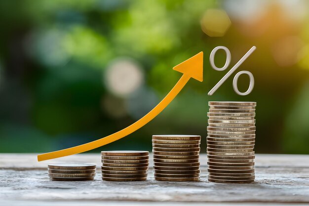 Interest rate concept percent sign with coins and graph arrow