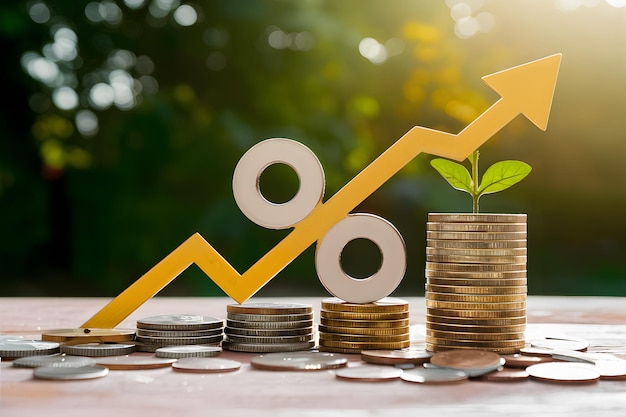 Interest rate concept percent sign with coins and graph arrow