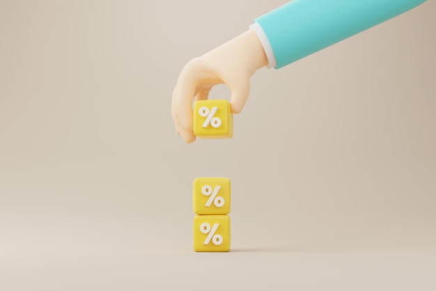 Interest rate financial and mortgage rates concept Hand putting cube block increasing on top with icon percentage symbol upward direction 3d rendering