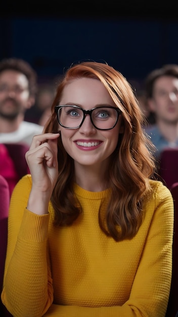 Interested and amused smiling geeky redhead woman in yellow sweater watching movie in cinema wearin