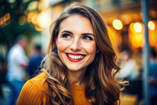 Photo interested lady posing with smile