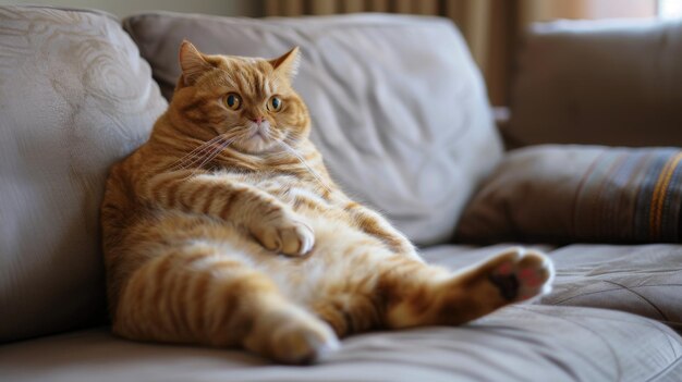 Interested ScottishFold cat is sitting like a man on the couch