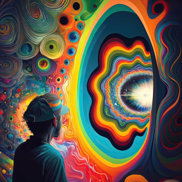 An interesting concept idea for a psychedelic experience Man in front of the door to perception high resolution art generative artificial intelligence