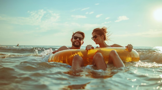 Interesting summer photo of a man and woman couple with an inflatable ring