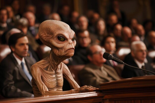 Photo intergalactic diplomacy alien ambassador at podium