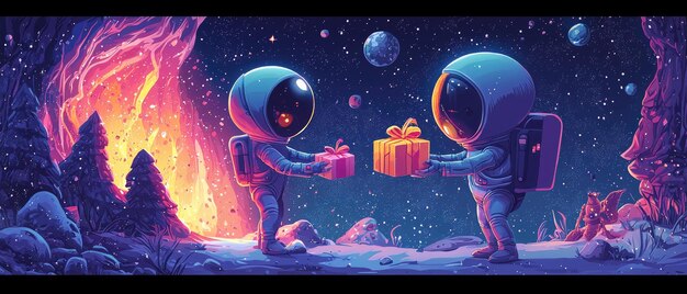 Photo intergalactic gift exchange alien and human trading presents in space adventure