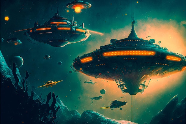 Intergalactic spaceships on the background of planets and space