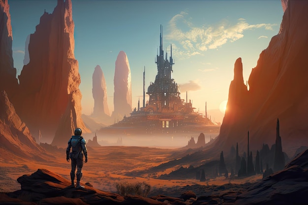 Intergalactic traveler exploring alien planet with towering spires and monuments in the background