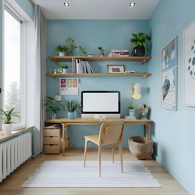 Interior of a 100square feet room in an organised way light blue colour in room and radiating a soot