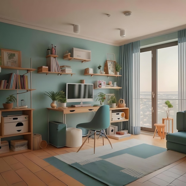 Interior of a 100square feet room in an organised way light blue colour in room and radiating a soot