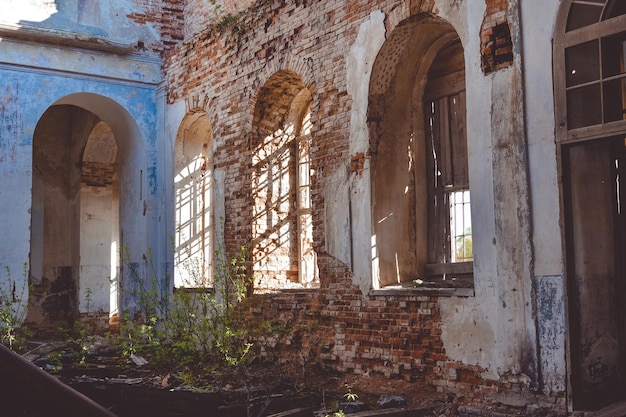 The interior of abandoned and ruined building disheveled church in Russia