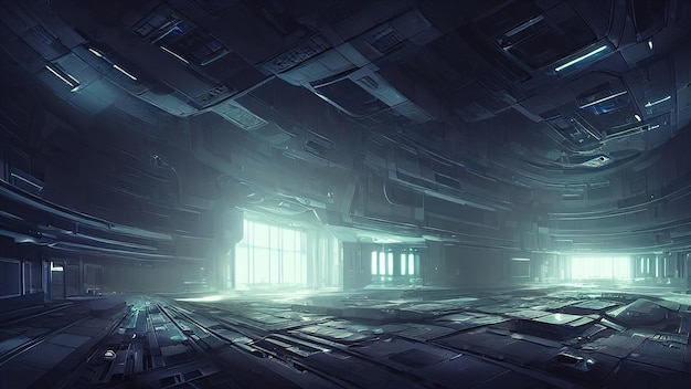 Interior of an abandoned space station empty room Light from windows and portholes illuminates hall of space station Something strange is happening 3d illustration