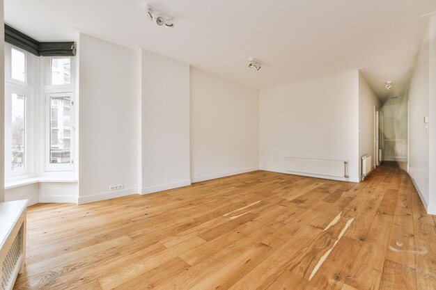 The interior of the apartment in an open design with parquet floors and white walls in a modern house