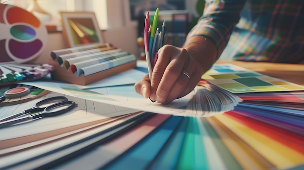 Interior architect designer at workstation table choosing various color samples art Generative AI