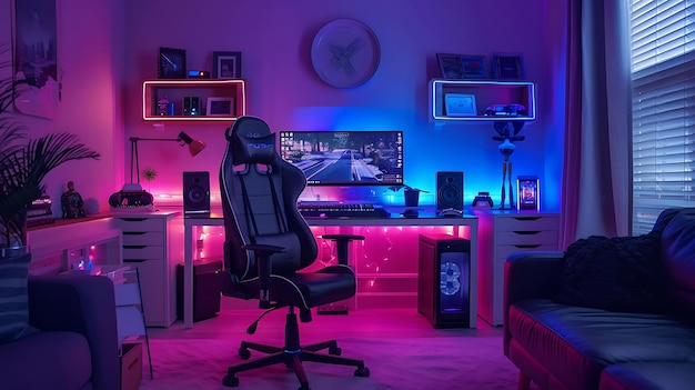 Interior of an attic gamer room lit with neon lights