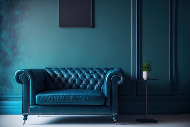 Interior background of a living room with a leather couch and a deep blue wall