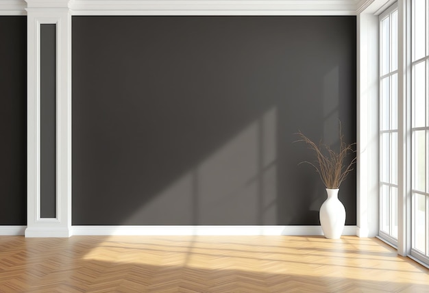 Photo interior background of room with dark wall and vase with plant copy space ai generated