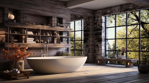 Interior of bathroom with bathtub