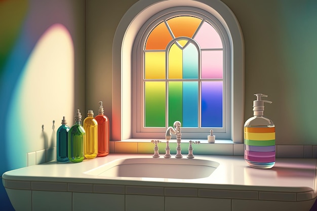 Interior of a bathroom with a colorful bathroom window and a soap dispenser