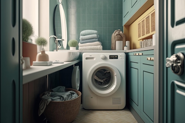 Interior of bathroom with modern washing machine Illustration AI Generative