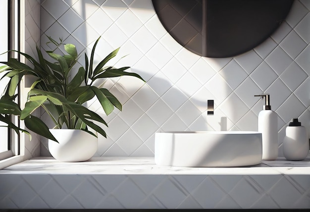 Interior of bathroom with round mirror on white wall ceramic wash basin on wooden counter top and green plants AI Generated