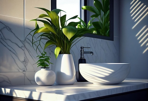 Interior of bathroom with round mirror on white wall ceramic wash basin on wooden counter top and green plants AI Generated