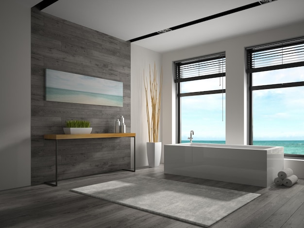 Interior of bathroom with sea view 3D rendering