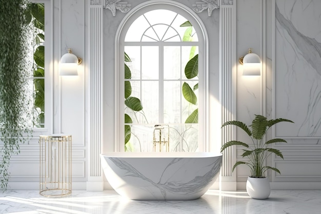 Interior of a bathroom with a tropical motif with white and wooden walls A gorgeous white tub surrounds the window A lamp is placed next to it a model