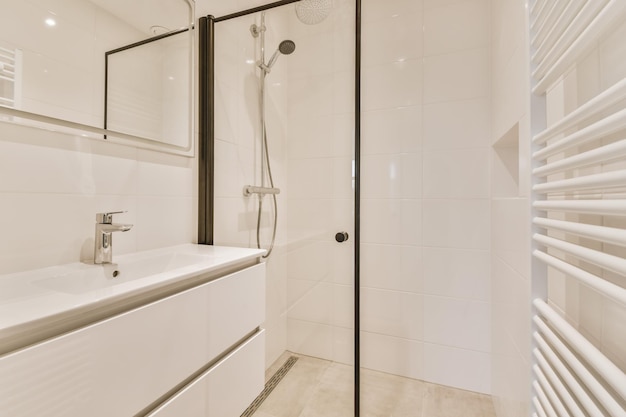 The interior of a beautiful bathroom with a shower cabin