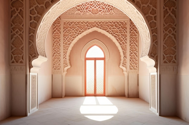 Interior of a beautiful islamic mosque with ornate archway generative ai