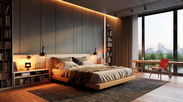 Interior of beautiful modern master Luxurious bedroom HD photo realistic beautiful