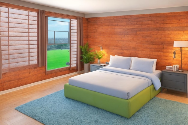 Interior of the bedroom 3D illustration With Nature View Generative ai