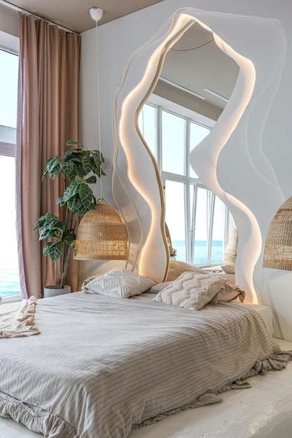 Photo the interior of the bedroom in balinese style by a large window with an awesome view of the sea behind the bed is a curved mirror with led illumination