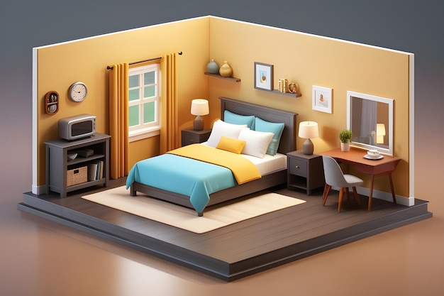 Photo interior of a bedroom in isometric view 3d rendering 12