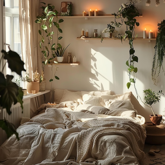 Photo interior of bedroom with bed shelving unit and burning candle