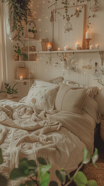 Photo interior of bedroom with bed shelving unit and burning candle