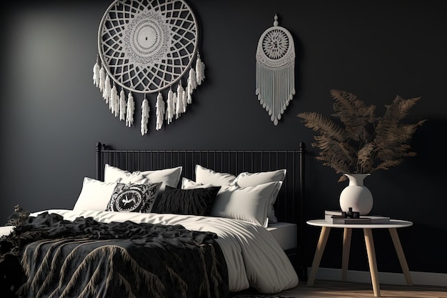 Interior of bedroom with a black wall bohemian furnishings and a white bed