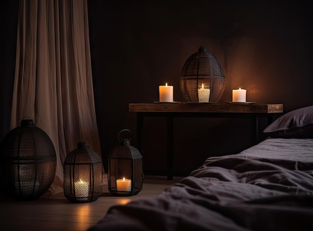 Interior of bedroom with green blankets on bed burning candles and glowing lamp at night