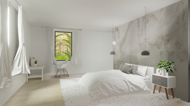 Interior of bedroom with white Marble wall