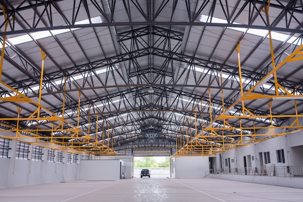 interior of a big industrial building or factory with steel constructions