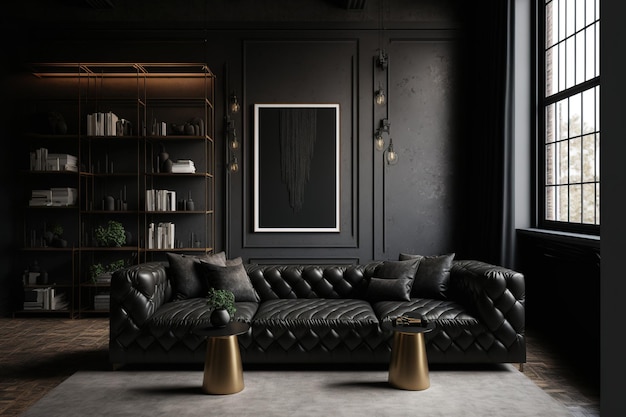 Interior of black living room with leather sofa and minimalist industrial design