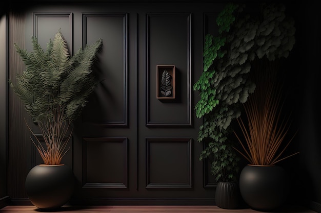 Interior in black with wood paneling and plants mock up for an illustration