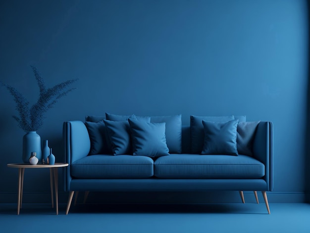 Interior blue living room with blue sofa 3d render illustration