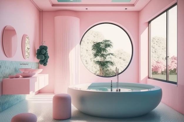 Interior Of A Bright Bathroom With A Round Jacuzz Generative AI