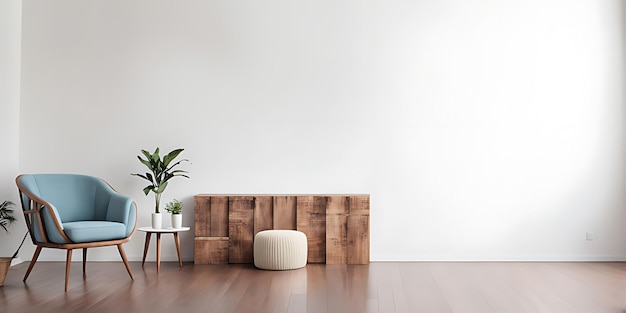 Interior of a bright living room with armchair on empty white wall background