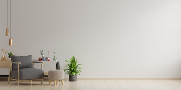 Interior of a bright living room with armchair on empty white wall