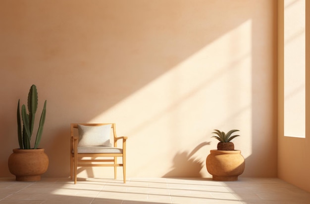 Interior of a bright spacious room on sunny day with chair and an indoor flower