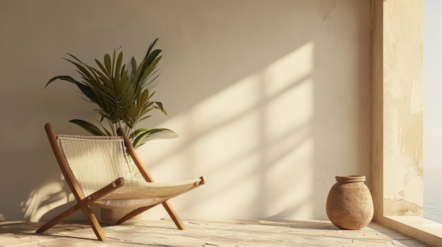 Interior of a bright spacious room on sunny day with chair and an indoor flower