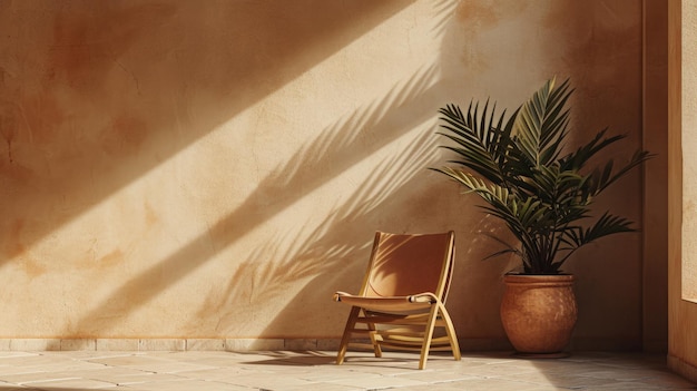 Interior of a bright spacious room on sunny day with chair and an indoor flower